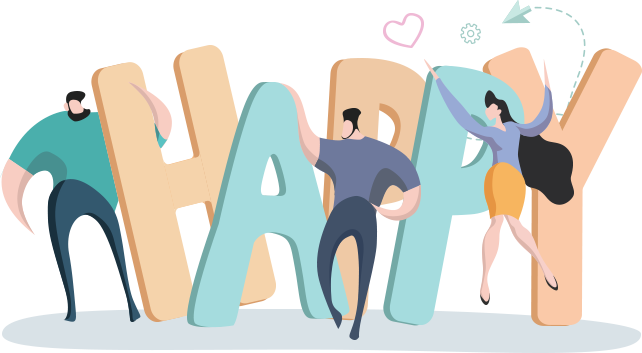 A group of small business owners standing next to the word happy.